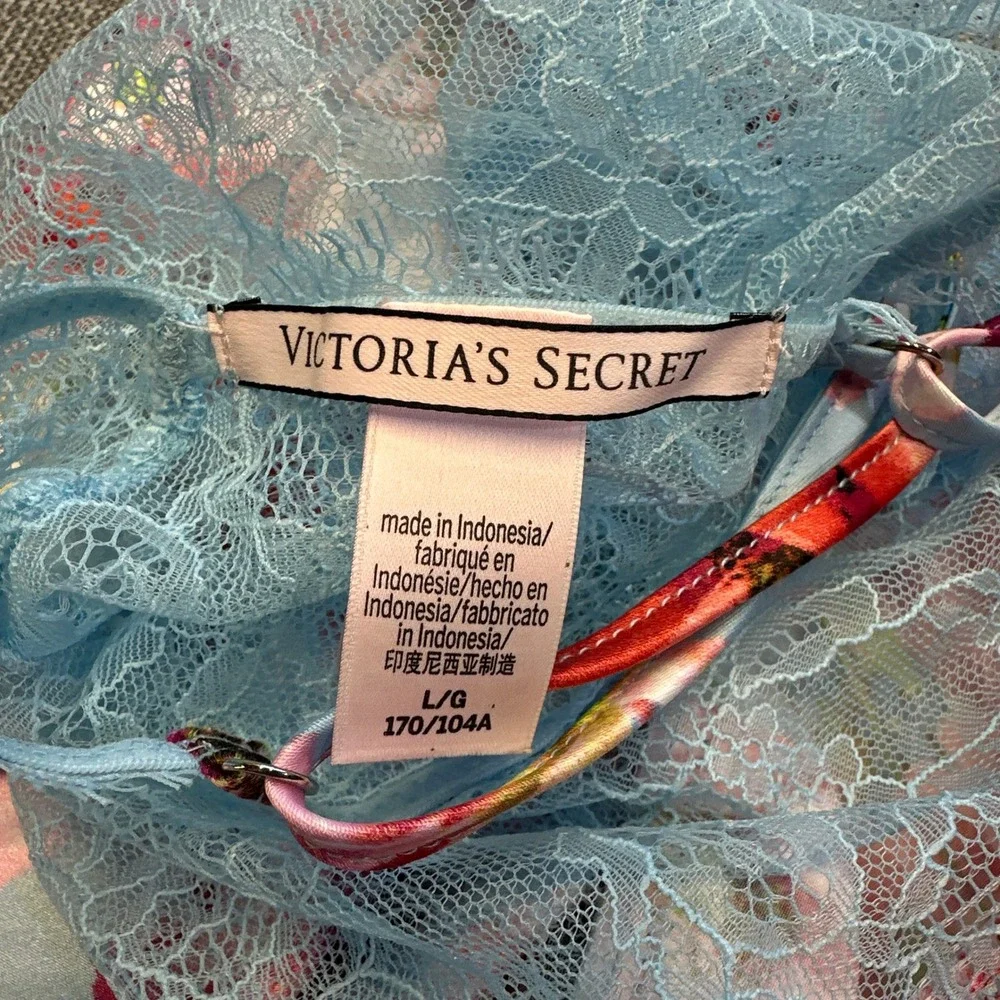 Victorias Secret Babydoll Large Light Blue Floral Lace Chemise‎ Nightgown Slip